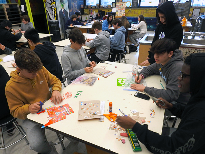 CommackSchools's tweet photo. Inspired by the work of artist Michael Albert, students in the Studio in Digital Media Art class are creating intricate mosaic collages using cereal box cuttings. #PopArt #Cerealism #MackArt #CommackHighSchool #CommackSchools @Rraeihle https://t.co/XqLvbfVfhx