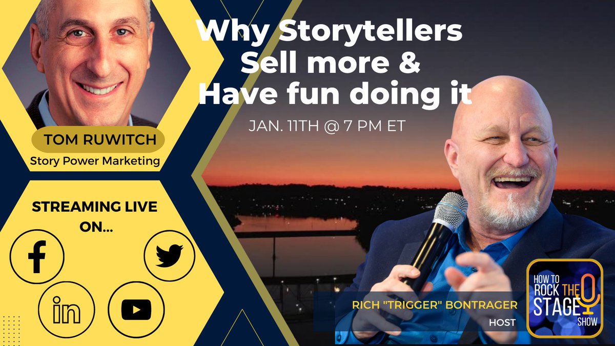 tomruwitch's tweet photo. Join Rich Bontrager @keynoterich and me tomorrow, 1/11 7 p.m. ET as we discuss why storytellers sell more &amp; have more fun doing it. Streaming live...

https://t.co/dZ8yGg7LME

#storypower https://t.co/NFlCRYyNzJ