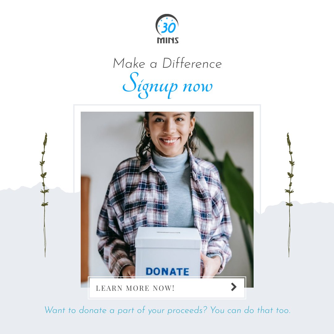 Want to donate a part of your proceeds? You can do that too. 
Signup now.   30mins.com/signup 
#charity #donate #foracause #30mins
#freelance #meetings