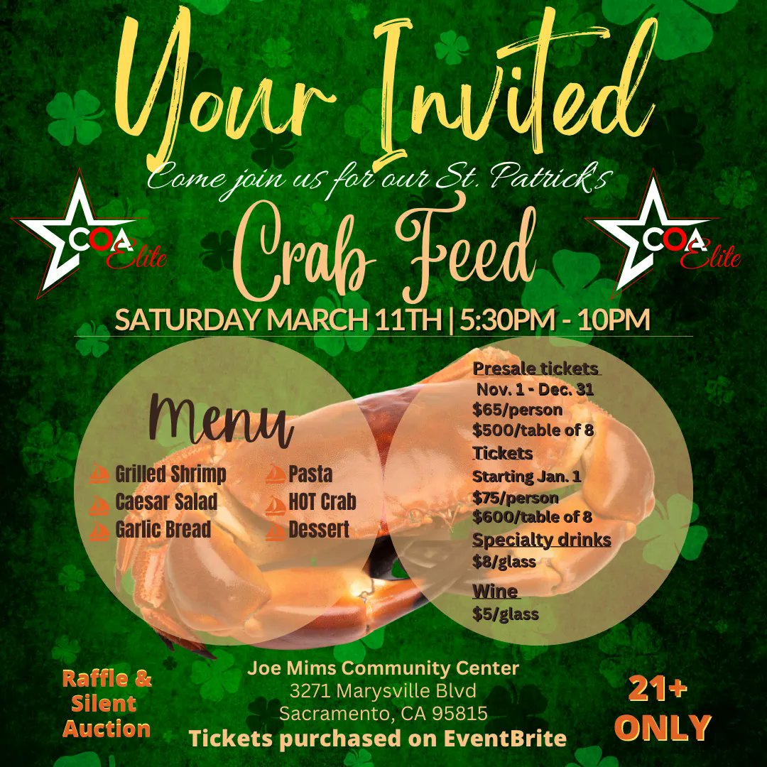 COAElite's tweet photo. Are you ready, get your tickets while they’re hot, just like our crab. Come join us for a great time and laughs at our COA crab feed. Tickets purchased at https://t.co/QPxqO95CVD https://t.co/NFi3a4chFn
