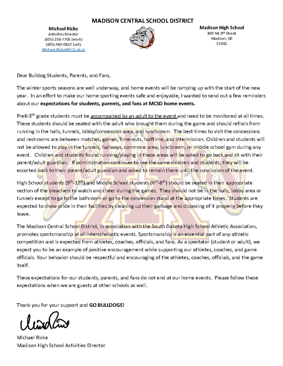 Let's show our Bulldog Spirit and Sportsmanship throughout every event! 
Go Bulldogs!! 🐾