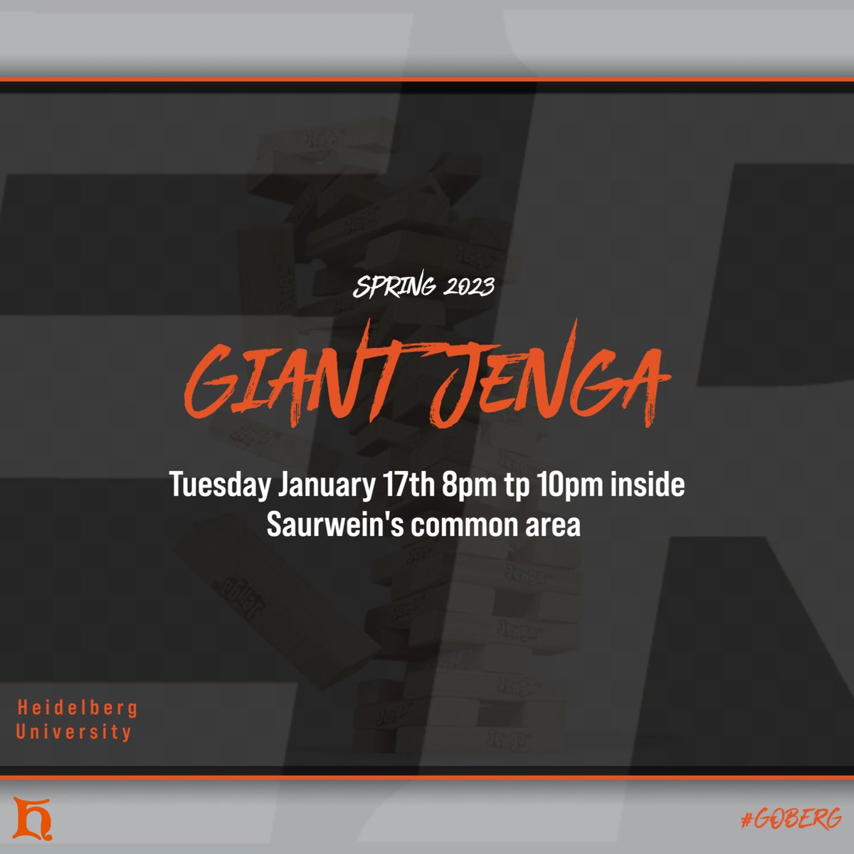 BERGIntramurals's tweet image. Our first semesters game is GIANT JENGA! Bring a friend or two to play. First ten people to show up will get a mysterious prize. Show up to find out what it will be. This game will be next Tuesday night.