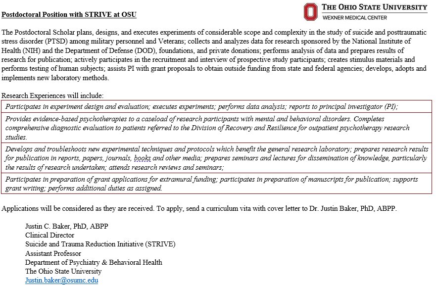 Looking to hire a postdoctoral fellow starting Summer of 2023. The postdoc will get to work with our amazing team <a href="/lrkhazem/">Lauren R. Khazem, PhD</a> <a href="/craigjbryan/">Craig Bryan, PsyD, ABPP</a> (and more) and assist on several recently funded DoD trials expanding implementation efforts for suicide prevention treatments across the DoD!