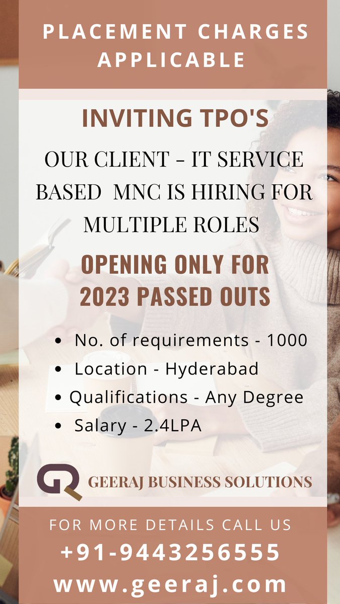 For More details 
Call us at+91 9443256555
Visit our site - geeraj.com

#placement2023 #placementofficers #hyderabadjobs #jobsinhyderabad #tpos #collegepalcements #mncjobs #itjobsforfreshers #itvacancy #itrecruitment #studentrecruitment #itjobs #itjobopening