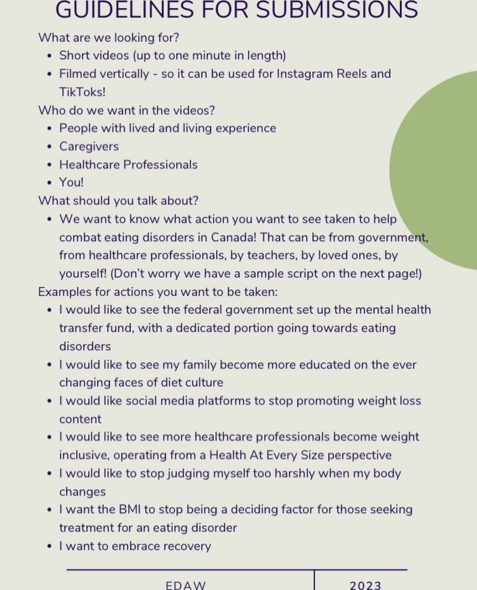 niedcanada's tweet photo. TOMORROW is the last day to send video submissions of your lived experience with an #eatingdisorder. In support of #EDAW2023, we are looking for individuals to share their experience. See below for guidelines and helpful tips💜 Send submissions to: nedic1@uhn.ca https://t.co/HAEzOOsLIK