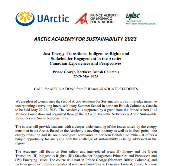 ACUNSAUCEN's tweet photo. 📣 Opportunity! The Arctic Academy for Sustainability 2023, organized by @uarctic, is being held at @UNBC, May 22-26. Master’s or Doctoral students who wish to be considered for the 2023 Academy must apply before January 15, 2023. 
For details, visit: https://t.co/AP5EnlBwCG https://t.co/WehV7sc0t6
