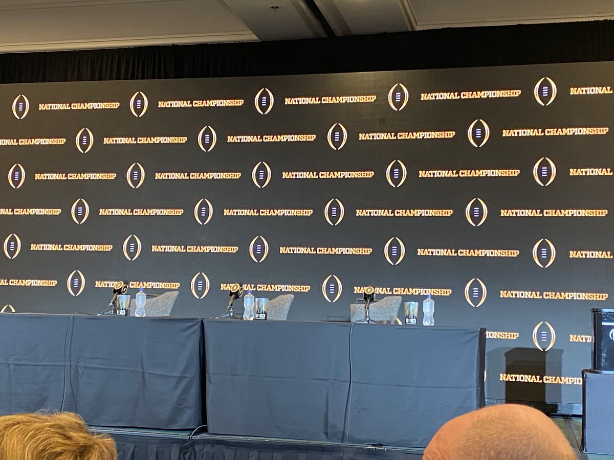 SethWEmerson's tweet photo. Morning after press conference, Kirby Smart, defensive MVP Javon Bullard and Brock Bowers, who is replacing offensive MVP Stetson Bennett at the press conference. No reason given but the jokes are flying in here. https://t.co/mJNZex5dyo