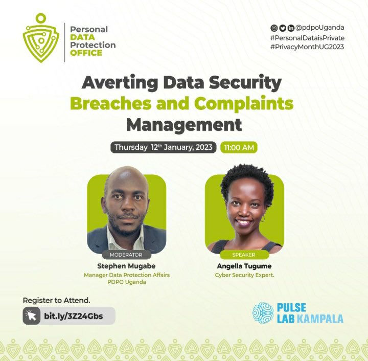 MoICT_Ug's tweet image. Averting Data Security 
Breaches and Complaints Management.

Time: 11:00AM 
Thursday 12th January, 2023 
@pdpoUG @smmugabe @agtugume @PulseLabKampala 

#PersonalDataisPrivate
#PrivacyMonthUG2023