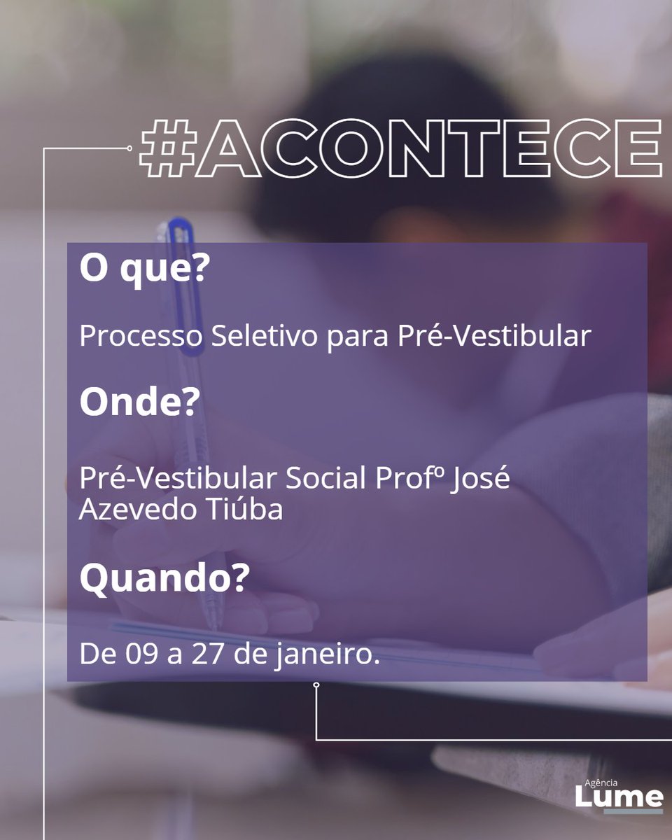 agencia_lume's tweet image. #ACONTECE | Pré-vestibular Social Prof. José Azevedo Tiúba abre inscrições para turma de 2023

Atenção estudantes que irão prestar vestibular em 2023, o Pré-vestibular social Prof. José Azevedo Tiúba está com inscrições abertas para a turma de 2023.