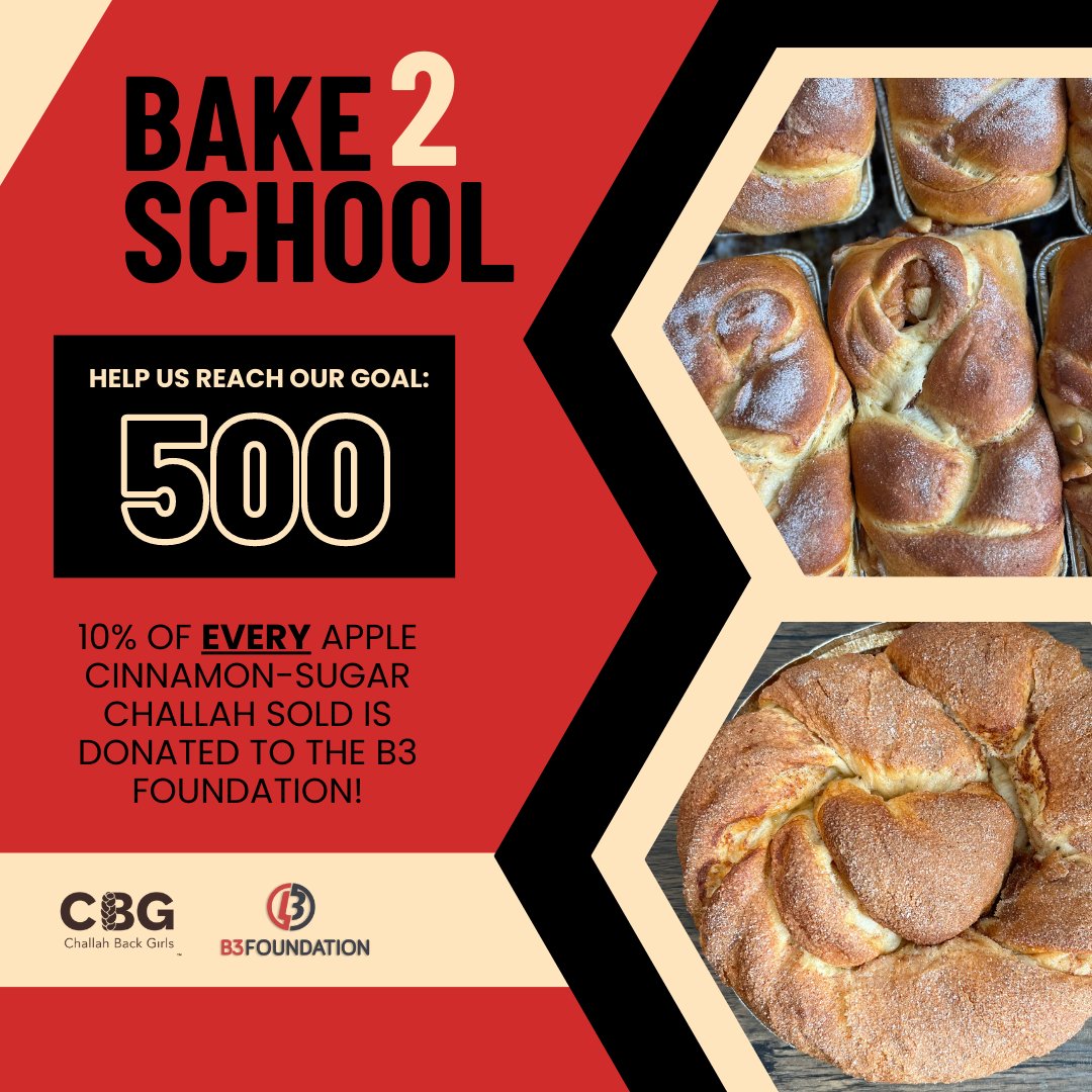 HELP US REACH OUR GOAL!

Our friends at <a href="/challahbackgrls/">Challah Back Girls®</a> have baked 484 apple challahs since September! Let's get to 500 this month! 

10% of EVERY apple challah sold is donated to the B3 Foundation! And every dollar counts in supporting our students &amp; families! #BetterTogether