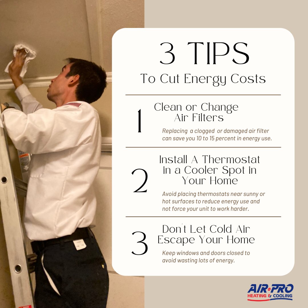 airprolongview's tweet photo. Today is National #CutYourEnergyCostsDay!! Here are 3 tips that can help you cut your energy costs in your home!

#saveyourenergy #cutyourbills #moneysaver #improveyourair #cleanair #indoorairquality #AirProFamily #AirPros #highqualityservice https://t.co/kZBbB6IelR