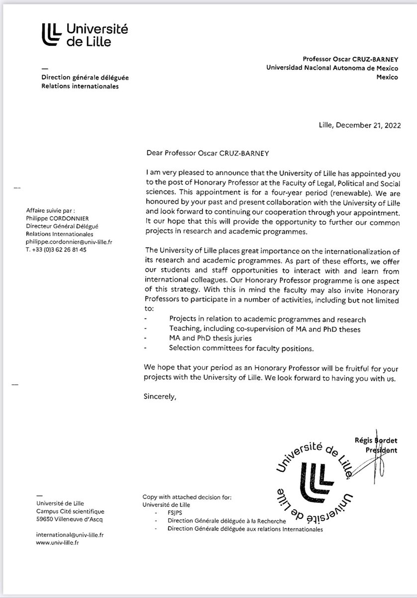 Tengo el gran honor de informar que he sido nombrado Professeur Distingué «Honorary Professor» de la Facultad de Derecho, Ciencias Políticas y Sociales de la Université de Lille, Francia.
Una de las grandes y más prestigiadas universidades francesas. Gracias por tan Grande honor!