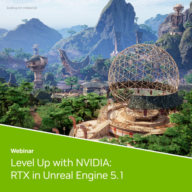 NVIDIAGameDev's tweet photo. Understand how to best utilize #DLSS, ray tracing, and Lumen in @UnrealEngine 5.1 on January 18th in our next Level Up with NVIDIA webinar. 

#GameDev
#RTX