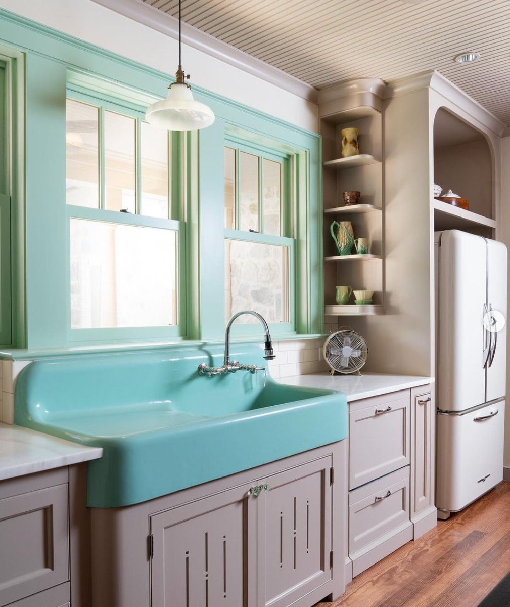 #repost @hullmillwork_hullhomes⁠ on IG - '...retro Elmira Stoveworks oven and refrigerator, and massive antique green farm sink, all help set the tone for this stunning period farmhouse kitchen.⁠'