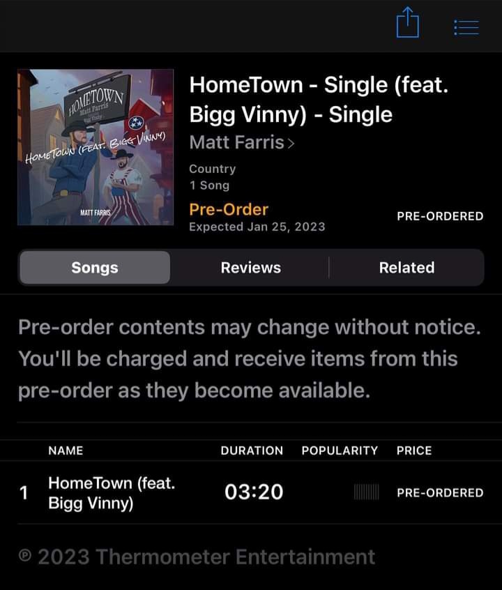 Hey you go pre-order <a href="/MattFarrisCNTRY/">Matt Farris</a> new single #Hometown featuring <a href="/BIGGVINNYMACK/">BIGG VINNY MACK</a> on <a href="/iTunes/">iTunes</a> today!! #countrymusic