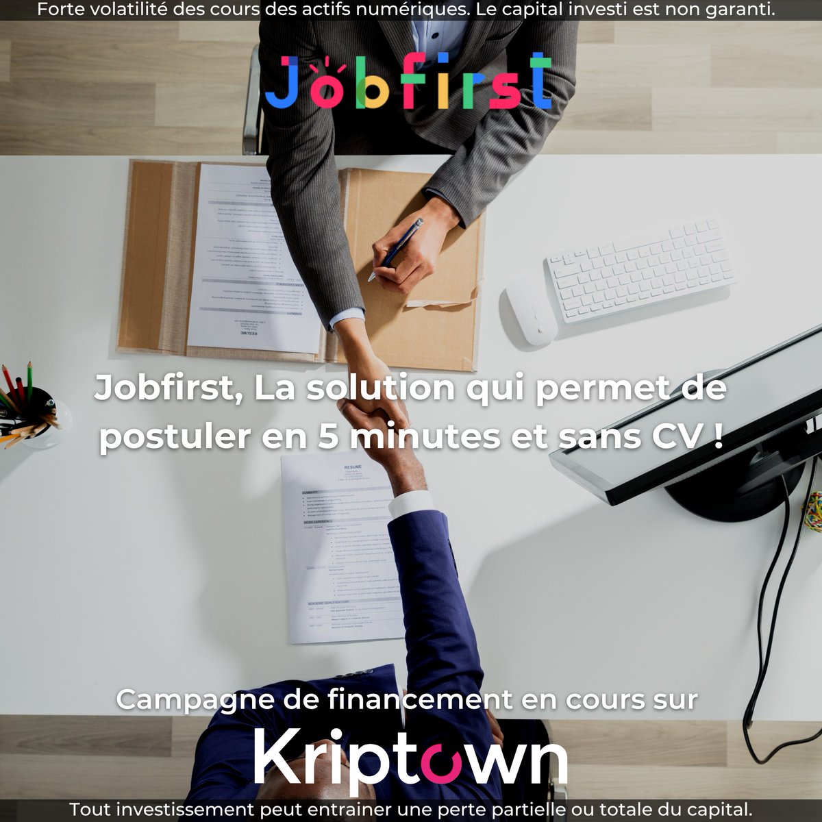 [ Nouveau projet ]

@Jobfirst se lance sur la plateforme Kriptown 💥

La solution de recrutement mobile, sans CV, destinée aux métiers opérationnels en tension. 💡

#startup #finance #levéedefonds #fundraising #business #rhtech #tech #investissement #investment