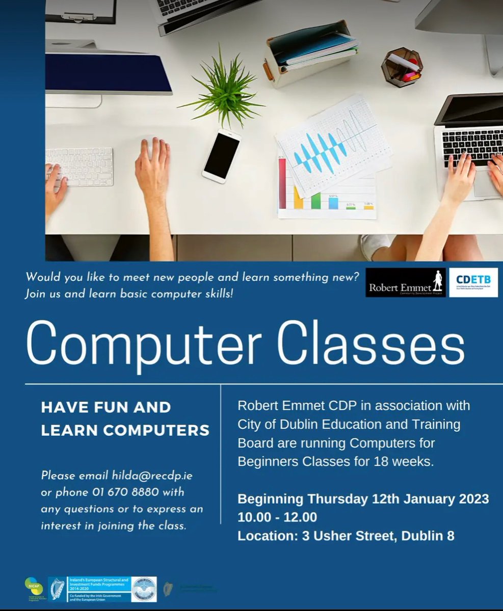 TheLibertiesCP's tweet photo. Robert Emmet CDP in association with City of Dublin Education and Training Board are running a 18 week course of computers for beginners classes every Thursday from 10.00 - 12.00
Phone 01 670 8880 or email hilda@recdp.ie for more information or to register interest in joining! https://t.co/XufuGn3ZSV