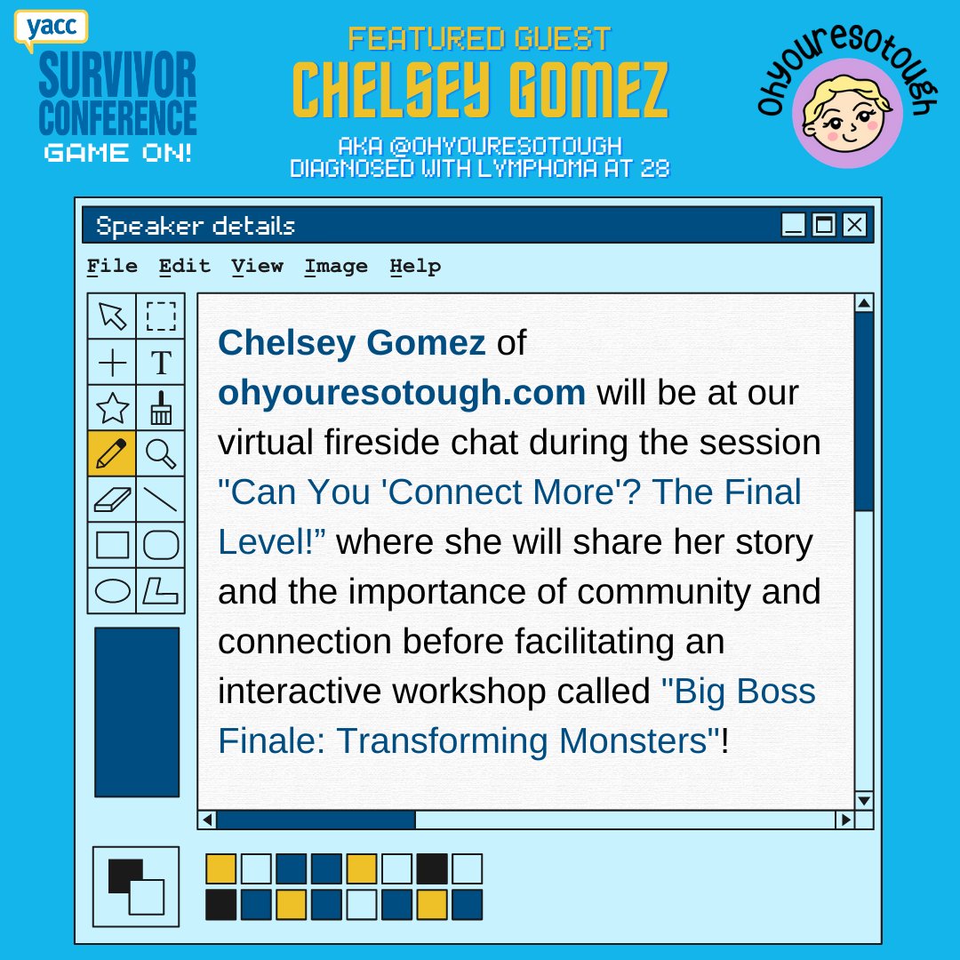 YACC (@yacancercanada) on Twitter photo We are excited to announce the first Survivor Conference 2023: Game On speaker!
⭐️ Chelsey Gomez of <a href="/ohyouresotough/">Chelsey Gomez | Artist & Cancer Community Advocate</a>! ⭐️
Register and learn more at pheedloop.com/YACCSurvivorCo…
#YACCSC23 We are excited to announce the first Survivor Conference 2023: Game On speaker!
⭐️ Chelsey Gomez of <a href="/ohyouresotough/">Chelsey Gomez | Artist & Cancer Community Advocate</a>! ⭐️
Register and learn more at pheedloop.com/YACCSurvivorCo…
#YACCSC23