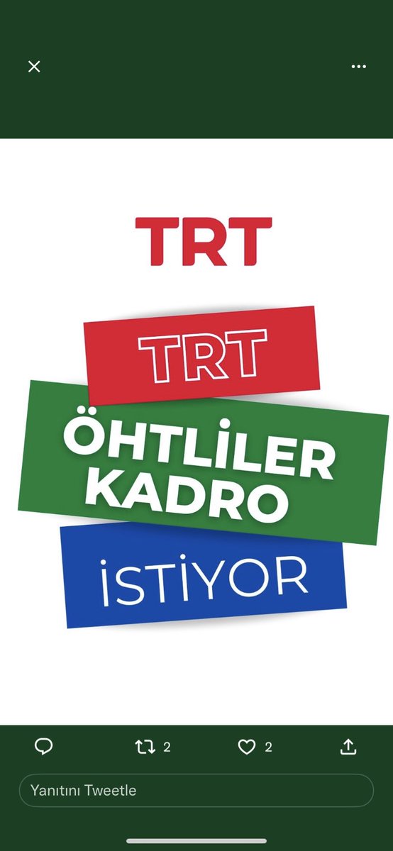 Sayın cumhurbaşkanım Trt de çalışan ÖHT li personel de KADRO kapsamına alınmak istiyor <a href="/RTErdogan/">Recep Tayyip Erdoğan</a> <a href="/fahrettinaltun/">Fahrettin Altun</a> <a href="/omerrcelik/">Ömer Çelik</a> <a href="/Mustafa_Destici/">Mustafa Destici</a> <a href="/dbdevletbahceli/">Devlet Bahçeli</a> <a href="/vedatbilgn/">Vedat Bilgin</a> <a href="/zahidsobaci/">Zahid SOBACI</a> <a href="/NumanKurtulmus/">Numan Kurtulmuş</a>