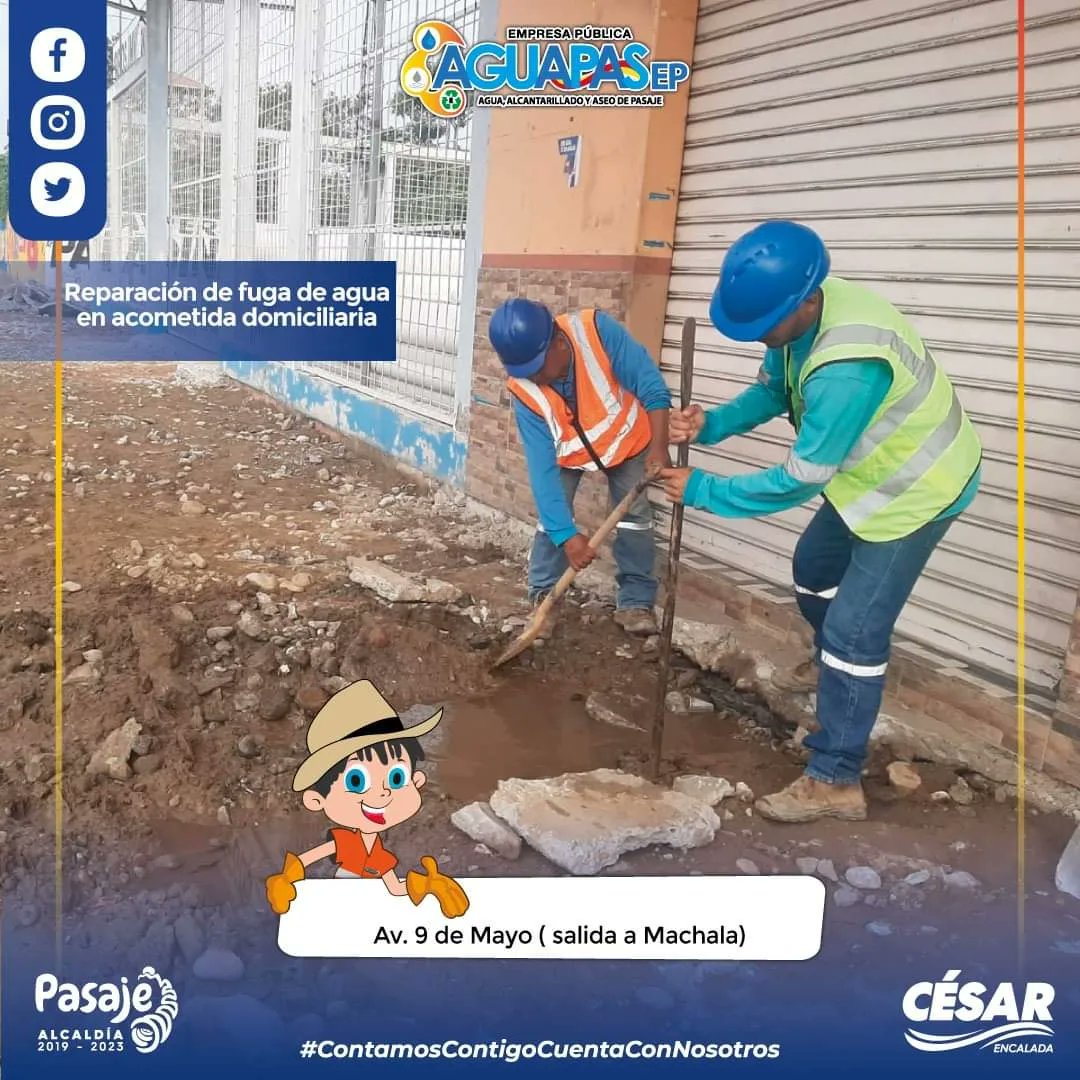 Aguapasaje's tweet photo. #AguapasEP Atender tus requerimientos es nuestra prioridad‼️
🚧👷 Personal operativo de la jefatura de agua realizó la reparación de fugas de agua que se presentaron en acometidas domiciliarias, con el propósito de optimizar el servicio a nuestros usuarios.
#CesarAlcalde https://t.co/OG8bvQmsQJ