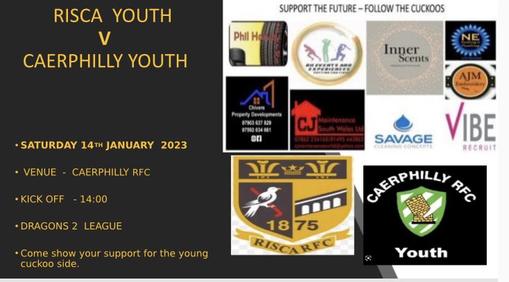 RiscaYouthRFC's tweet photo. First game back of 2023 this weekend as we take on @Caerphillyyouth in Dragons league 2 action. Hopefully  weather improves as be good to get back to it! #cuckoos #back2it #crazygang ⚫️🟡 https://t.co/RFmj91PbsH