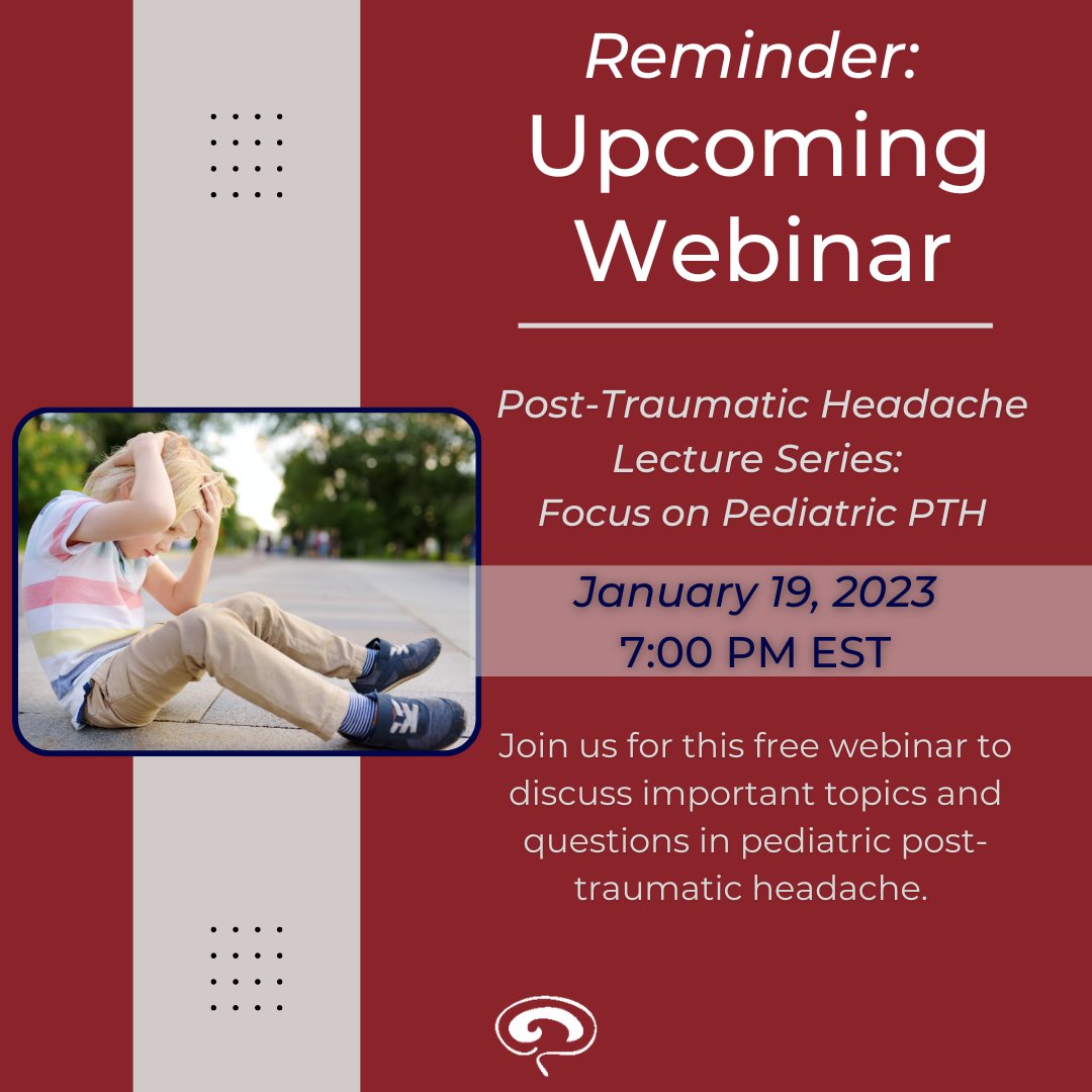 ahsheadache's tweet photo. Join us next week! Developed by the Post-traumatic Headache Section, this virtual webinar series of lectures will discuss important topics and questions in #pediatric PTH. Register today for this free live webinar and Q&A: https://t.co/ZzhE5nNfJh #PostTraumaticHeadache #MedEd https://t.co/AYG9B8f2Cy