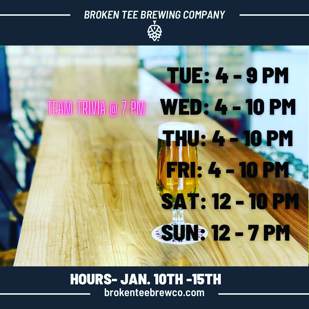 Taproom Hours for this week!! Please note there is no Bingo this Thursday.
#brokenteebrewco #brewery #breweryhours #taproom #craftbeerbrewery #drinkcraftbeer #craftbeer #highwoodillinois