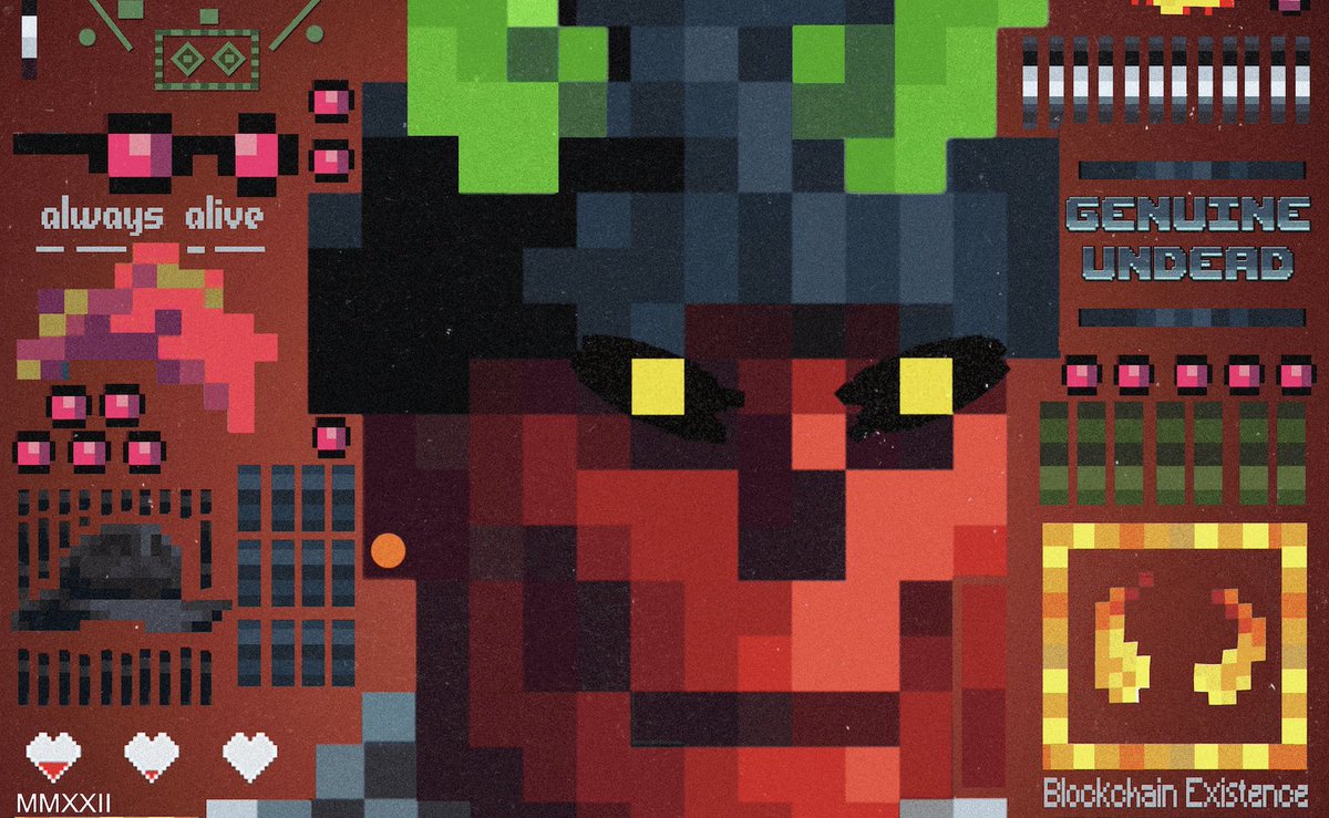 JigglesSpace's tweet photo. 1 day to go. Free mint on #AlwaysAlive my rendition of trait battle within #GenuineUndead - 420x #NFTs for GU holders, a gift from me. Minter of "Glitch" gets the actual physical artwork. Reveal 3h after mint. Mint link announced here, on Jan 11th 10pm GMT. Mint 11.59pm GMT https://t.co/gMOK1Q4nOT