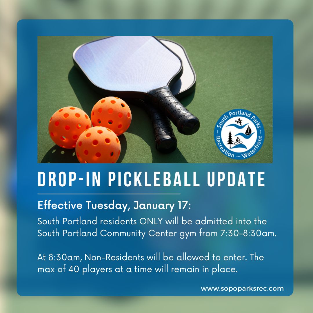 SoPoParksRec's tweet photo. On January 17, South Portland residents ONLY will be able to start drop-in pickelball at 7:30am.
#southportland #mainepickleball #southportlandcommunitycenter https://t.co/MuX5qLjFMO