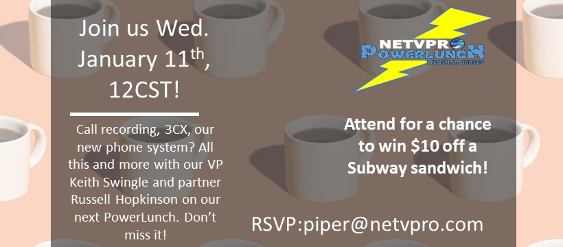 Join us as our VP Keith Swingle and Partner Russell Hopkinson speak on call recording, 3CX, and our phone system! 

#webinar #3CX #callrecording #phonesystems #voipservices #lunchandlearn #ITfirm #ITconsulting #backupandrecovery #socialmedia #helppeople #solveproblems #addvalue