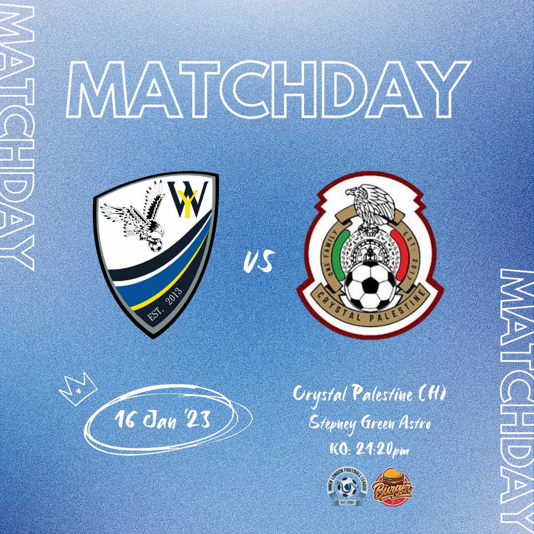 MATCHDAY 🔵

#matchday7 #WPGCRP
Wapping 7s 🔵
🤝Crystal Palestine (H)
🏟Stepney Green Astro
📆16/01 - 21:20pm
📊ILFL Super 7s

#WFC #WAPPINGFAMILY #UPTHEBLUES