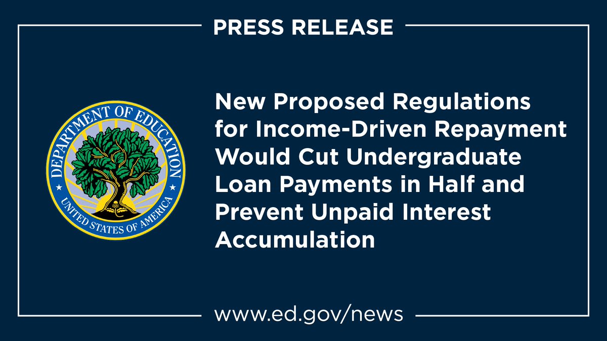 usedgov's tweet image. Today, ED is proposing regulations to create the most affordable &amp;amp; simplified income-driven repayment (IDR) plan ever for student loan borrowers, reducing the cost of federal student loan payments: ed.gov/news/press-rel… 
[ 🧵 ⬇️ ]