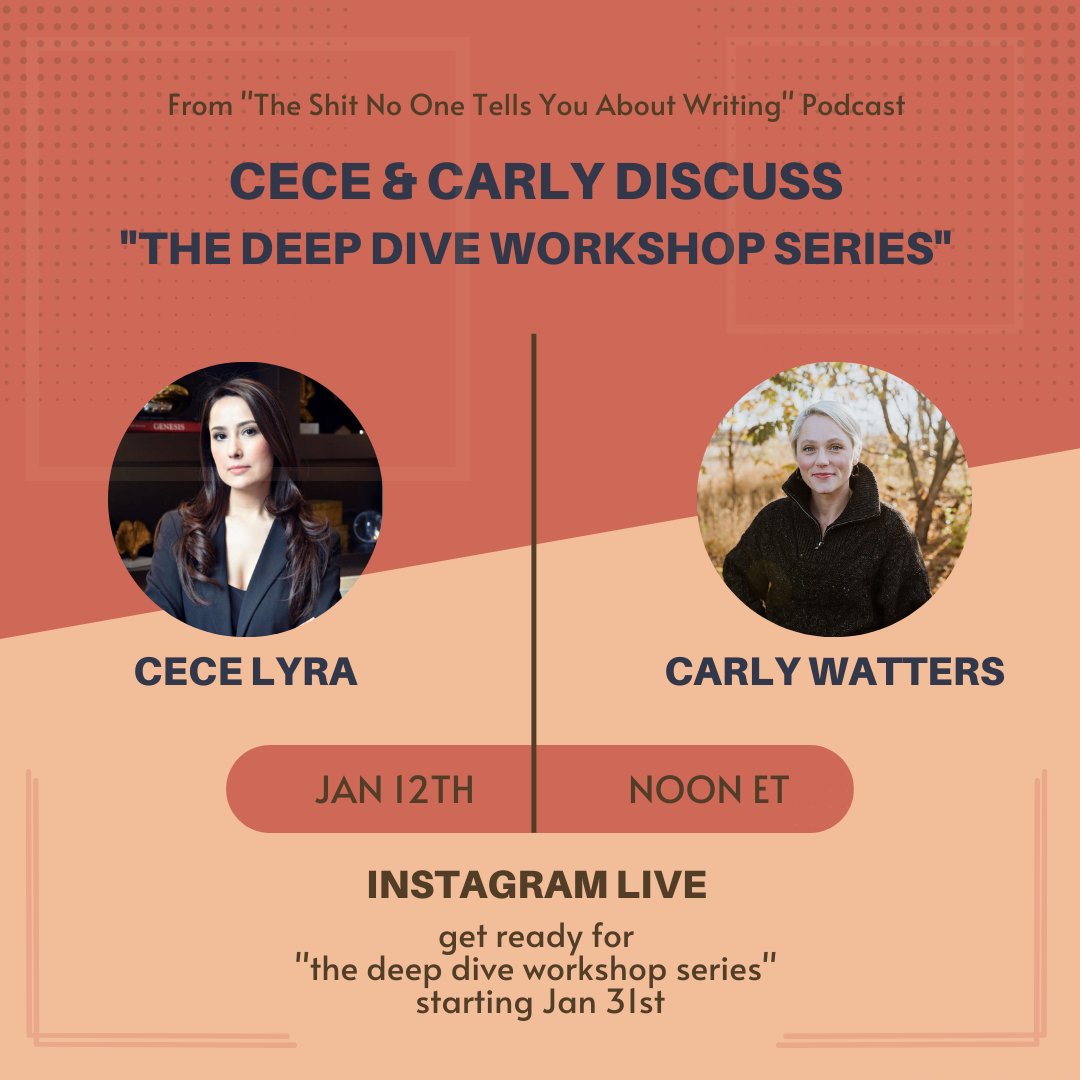 On Thursday at noon, <a href="/ceciliaclyra/">Cecilia (Cece) Lyra, Agent</a> and I will be doing an IG live to chat about the @TSNOTYAW writing workshop series we're hosting starting Jan 31st!

Come bring your questions and hear about the great speakers we have lined up.