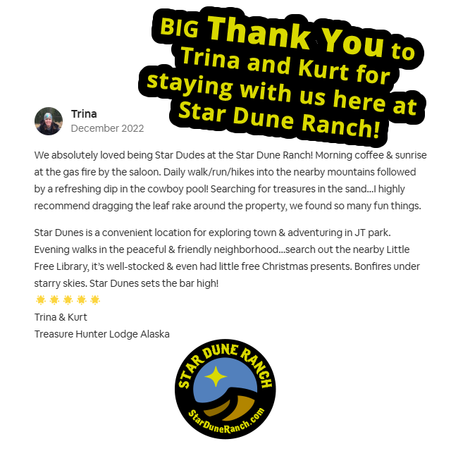 🙌Big THANK YOU to Trina and Kurt for staying with us here at Star Dune Ranch! Experience Star Dune Ranch for yourself! ✨🤠🌵

Click the link in our bio or starduneranch.com/quick-links/

#joshuatree #airbnb #travel #airbnbhost #vacation #booking #airbnbexperience #vacationrental