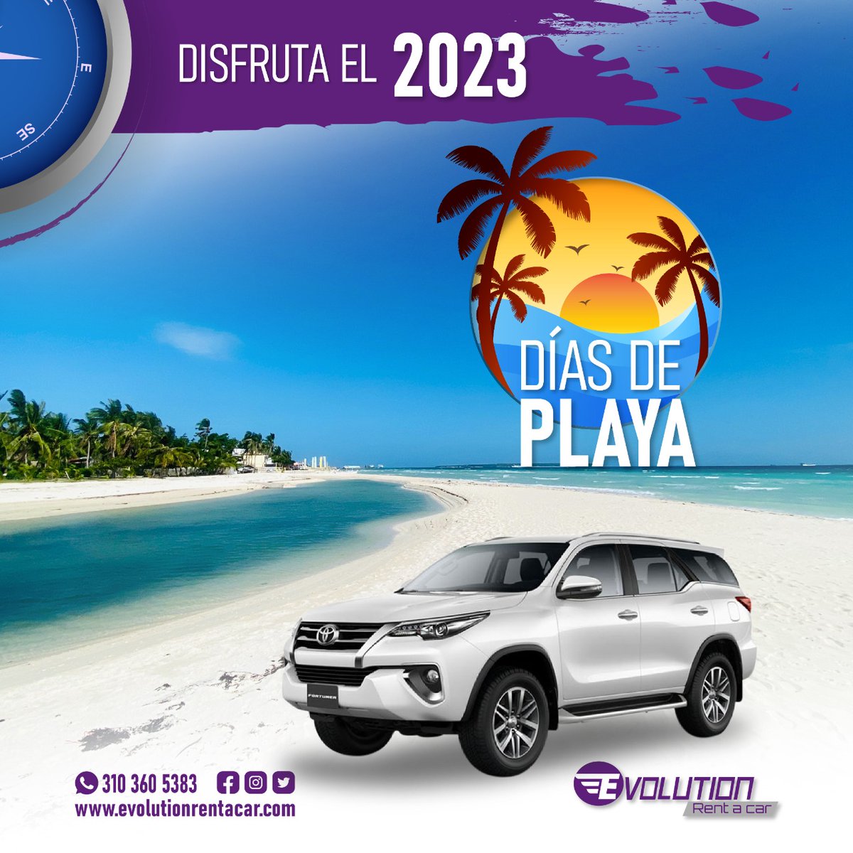 Evolution_rent's tweet photo. Disfruta de el 2023 en una hermosa playa de las costas colombianas en compañía de uno de nuestras camioneras 7 puestos!! 💜💜💜🚙🚗🏍️🛵 #viajeros #cartagena #transporte #travelling #antojalo #rentacar #alquilerdevehiculos #playa #vamosdepaseo #tuyyo #evolutionrentacar https://t.co/6lXnZdVONx