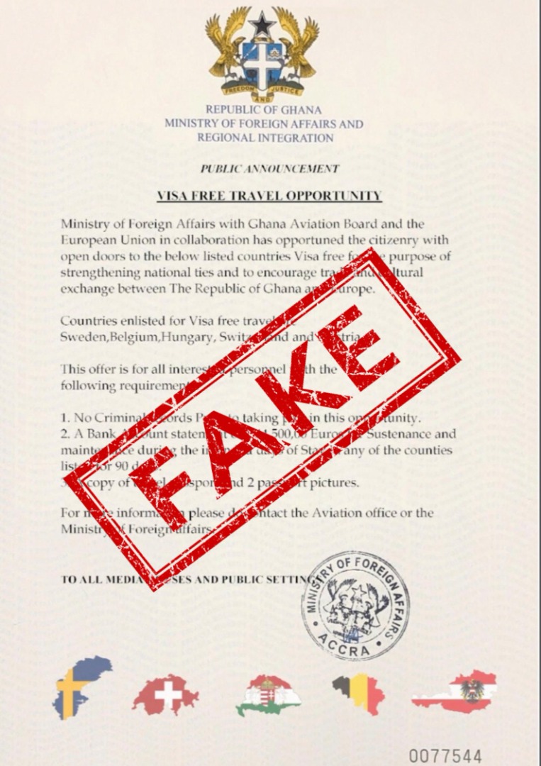 GhanaMFA's tweet photo. FAKE:::VISA FREE TRAVEL OPPORTUNITY https://t.co/rToH2AtiFg