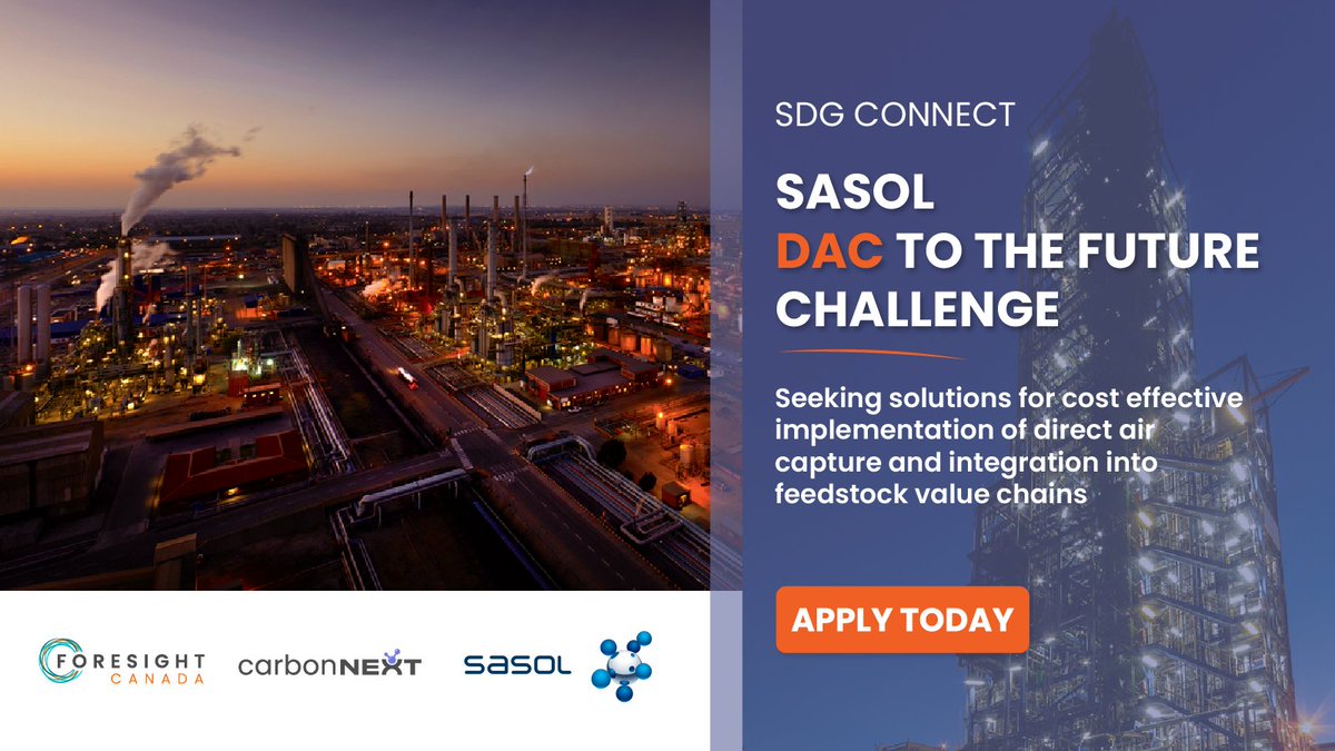 ForesightCAC's tweet photo. (1/2) Our @SasolSA DAC to the Future Challenge seeks solutions to implement Direct Air Capture &amp; integration into feedstock value chains and

💨 Integrate into Sasol’s Secunda complex
💨 Produce low carbon products
💨 Capture CO2 from air &amp; point sources

https://t.co/QcLeSMRN4j https://t.co/Bxe64JuqTw