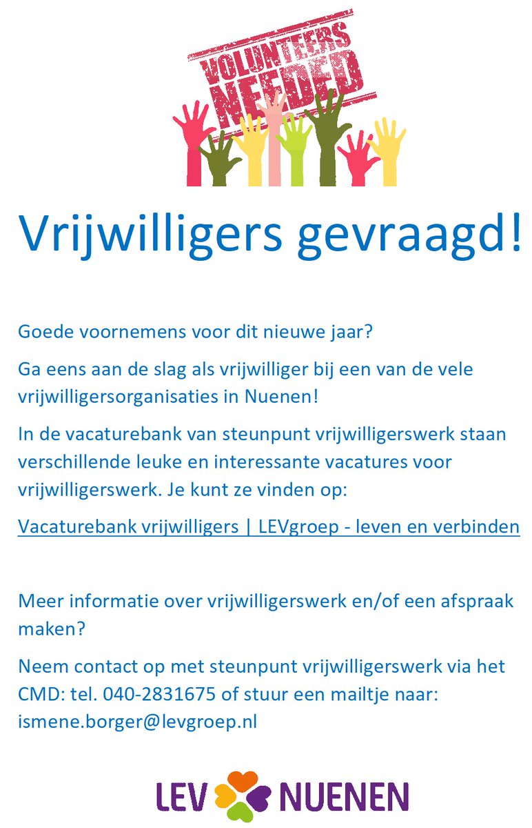 Vacaturebank vrijwilligerswerk: algemeen.levgroep.nl/vrijwilligers.… 

#vacatures #vrijwilligerswerk #levgroep #nuenen