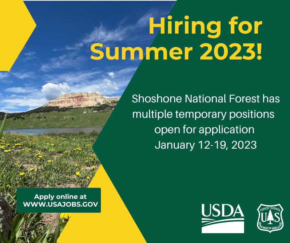 ShoshoneNF's tweet photo. Want to #workfornature this summer? Shoshone National Forest has positions in Recreation, Trails, Wilderness, Fire, and Range that will open for application starting tomorrow, January 12th. Apply online at @USAJOBS. Learn more by visiting https://t.co/D6bqhNB9Pd! https://t.co/o6UWNuWRPI