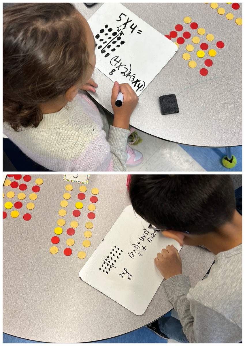 Mrs_JCrawford's tweet image. Students practiced solving multiplication problems using the Distributive Property! They built arrays, drew pictures, and solved! They were even able to explain their thought process to a friend! #CPA #teachingforunderstanding
