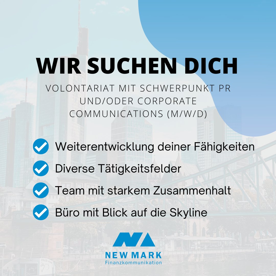 #Hiring | Wir suchen eine*n Volontär*in für den Bereich #PublicRelations und/oder #CorporateCommunications!
Du ​hast Interesse an Finanzthemen und deinen Bachelor bereits in der Tasche? 
👉 Dann bewirb dich jetzt einfach und schnell unter newmark.de/jobs/.