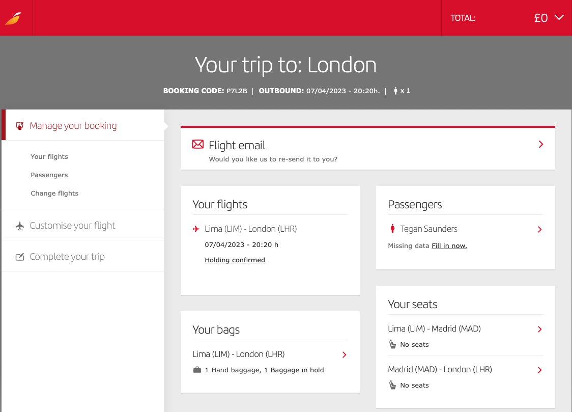 LouisNotley's tweet photo. Hey @Iberia_en been trying to cancel flights for Lima for the last week and your customer service won't do it: have sent me an email saying cannot process.  Return leg is still shown on your server and I need confirmation all is cancelled to claim on my insurance.  Please act. https://t.co/IzC3CWWEKY