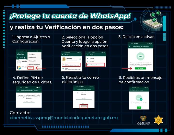 ¡Protege tu cuenta de WhatsApp! y evita ser víctima del robo de la misma 📲
Sigue estas recomendaciones de la Policía #CibernéticaSSPMQ Preventiva ⬇️