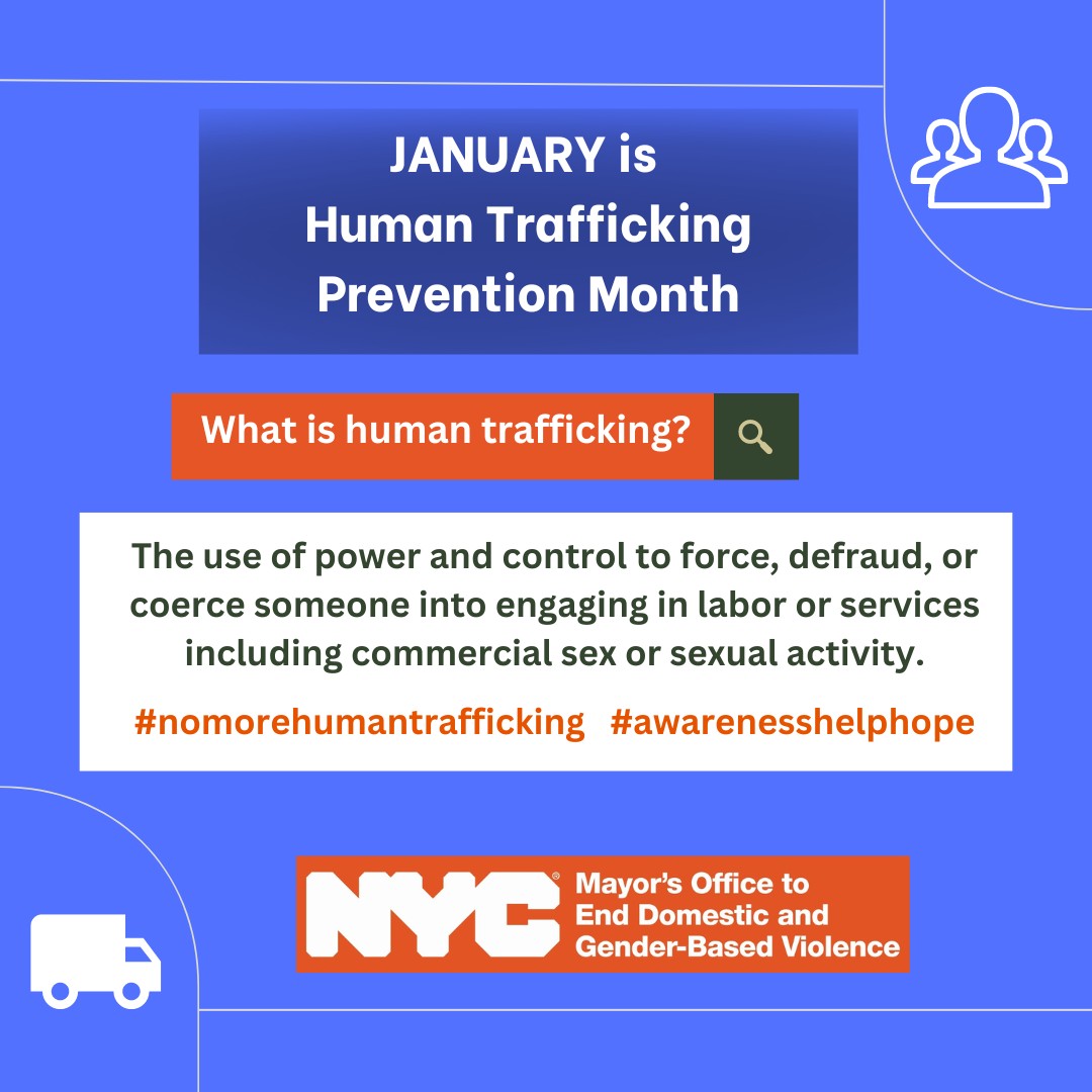 This month, AAFSC is raising awareness about ALL forms of human trafficking and exploitation. Help is available by calling 311 and asking to be connected to the nearest NYC Family Justice Center. #endhumantrafficking #SupportSurvivors #AwarenessHelpHope #NYCagainstGBV #ENDGBV