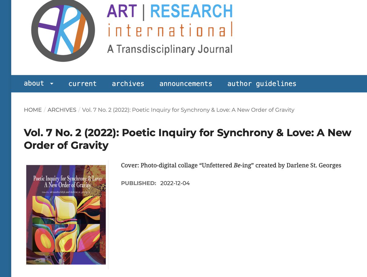 🚨💫Art/Research International has released their new issue: Poetic Inquiry for Synchrony & Love: A New Order of Gravity. 

Have a look here: journals.library.ualberta.ca/ari/index.php/… 

@UAlbertaEd @cacs_acec  @ijonmes @ArtemCollective @JesmaJournal @mje_rsem