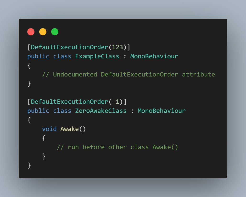 delaigrodela's tweet photo. Undocumented attribute: DefaultExecutionOrder
Someone is using this?
#gamedev #indiedev #unitytips #csharp #programming #snippets #unitycode #gamedeveloper #coding #madewithunity #codesnippets #programmers #unity3d https://t.co/METN8XWSau