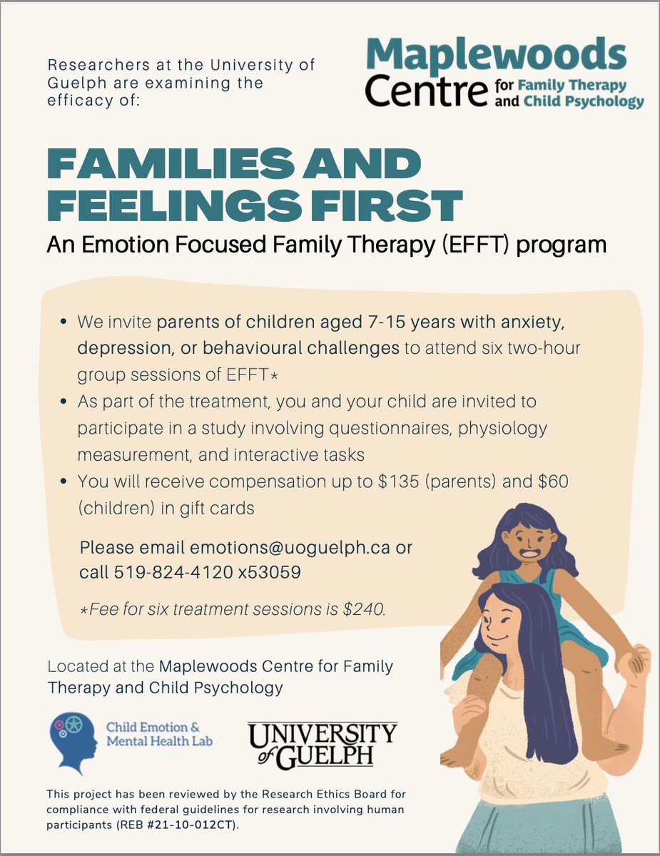 CEMHLab_UofG's tweet photo. Hi folks! We are still actively recruiting for our study testing an #EFFT program. If you have a child between the ages of 7 and 15 who struggles with anxiety, depression, or behavioural problems, please connect with us!
π§ emotions@uoguelph.ca
Please share w/ parents you know! https://t.co/2KOCULIVfo