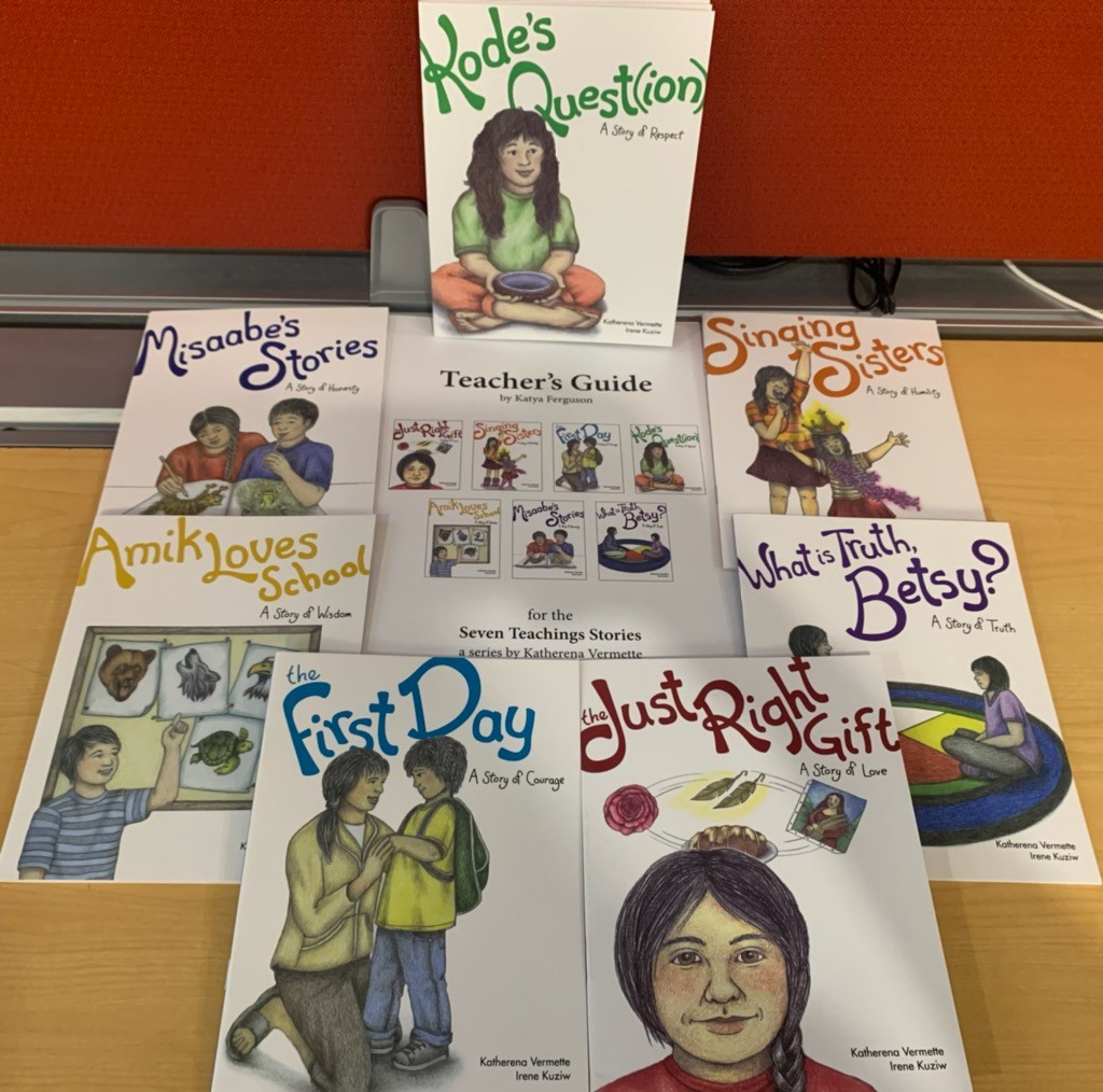 SD62DRC's tweet photo. Just added is this "Seven Teachings Stories". This will be housed at our Na'tsa'maht department, but you can book this out through me at the #SD62DRC! This kit comes with 2 teachers guides, 5 copies of each book, and supporting posters 😊 #SD62learns #beSD62 https://t.co/oSSbutcjZ6
