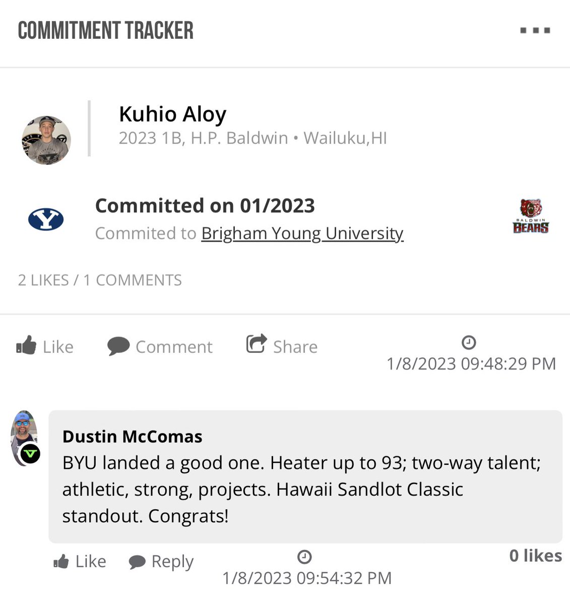 Five Tool Hawaii (@fivetoolhi) on Twitter photo 🔒#Committed 🔒
Congrats to <a href="/FiveTool/">Five Tool Baseball</a> Hawaii Sandlot Classic (<a href="/ClassicHawaii/">Hawaii Sandlot Classic</a>) standout RHP/1B/OF Kuhio Aloy (<a href="/kuhioaloy25/">Kuhio Aloy</a>) on his commitment to <a href="/BYUBaseball/">BYU Baseball</a>!
H.P. Baldwin (HI) 2023 • fivetool.org/players/b6f2a8…
#DudeAlert 🔒#Committed 🔒
Congrats to <a href="/FiveTool/">Five Tool Baseball</a> Hawaii Sandlot Classic (<a href="/ClassicHawaii/">Hawaii Sandlot Classic</a>) standout RHP/1B/OF Kuhio Aloy (<a href="/kuhioaloy25/">Kuhio Aloy</a>) on his commitment to <a href="/BYUBaseball/">BYU Baseball</a>!
H.P. Baldwin (HI) 2023 • fivetool.org/players/b6f2a8…
#DudeAlert