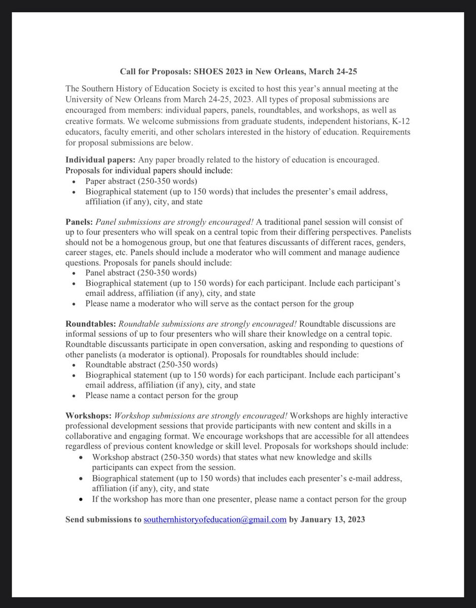 llassabe's tweet photo. #twitterstorians and anyone writing about #education and #edhistory:
There’s still time to submit a proposal to SHOES. The conference is free (so is membership!) and will be held at the University of New Orleans in March. Grad students highly encouraged to submit/attend #HES https://t.co/pjsQm7cqGN